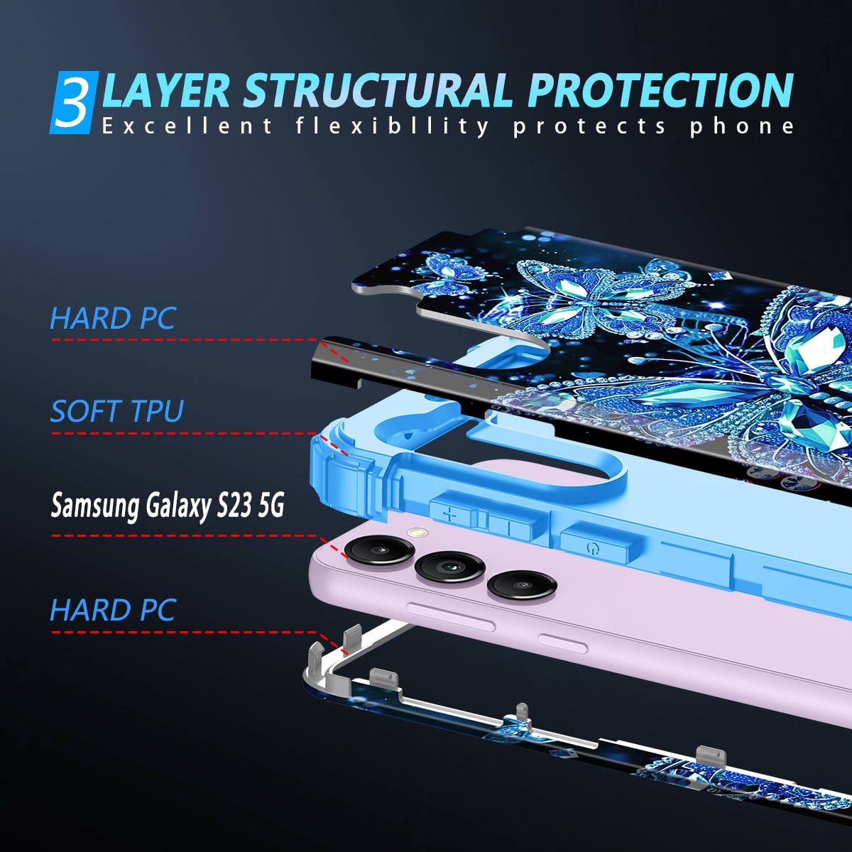 Casetego for Samsung Galaxy S23 5G Case,Glow in The Dark Three Layer Heavy Duty Shockproof Full Body Protection Hard Plastic Bumper+Soft Silicone Protective 6.1 inch Case,Blue Crystal