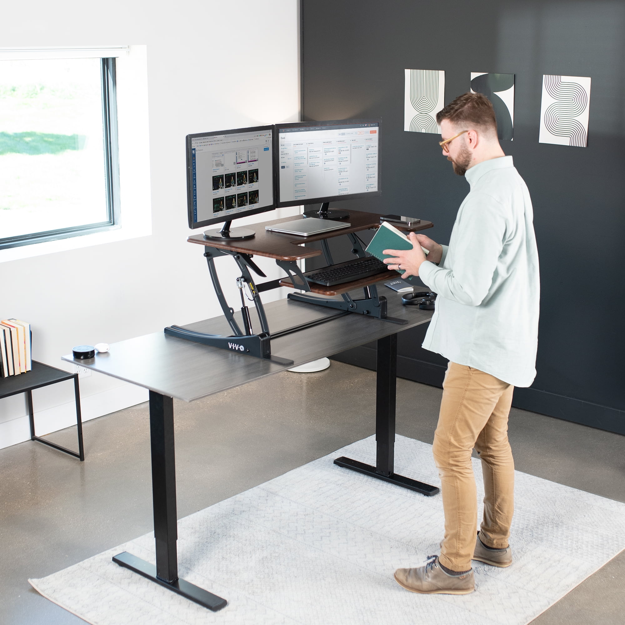 VIVO Dark Wood Height Adjustable Standing Desk Monitor Riser Tabletop Sit Stand