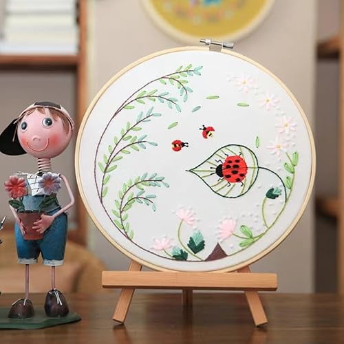 Embroidery Starter Kits Flowers Ladybug with Pattern and Instructions, Plastic Embroidery Hoops,Threader,Color Threads and Needles,Embroidery Kit for Beginners(IN80)
