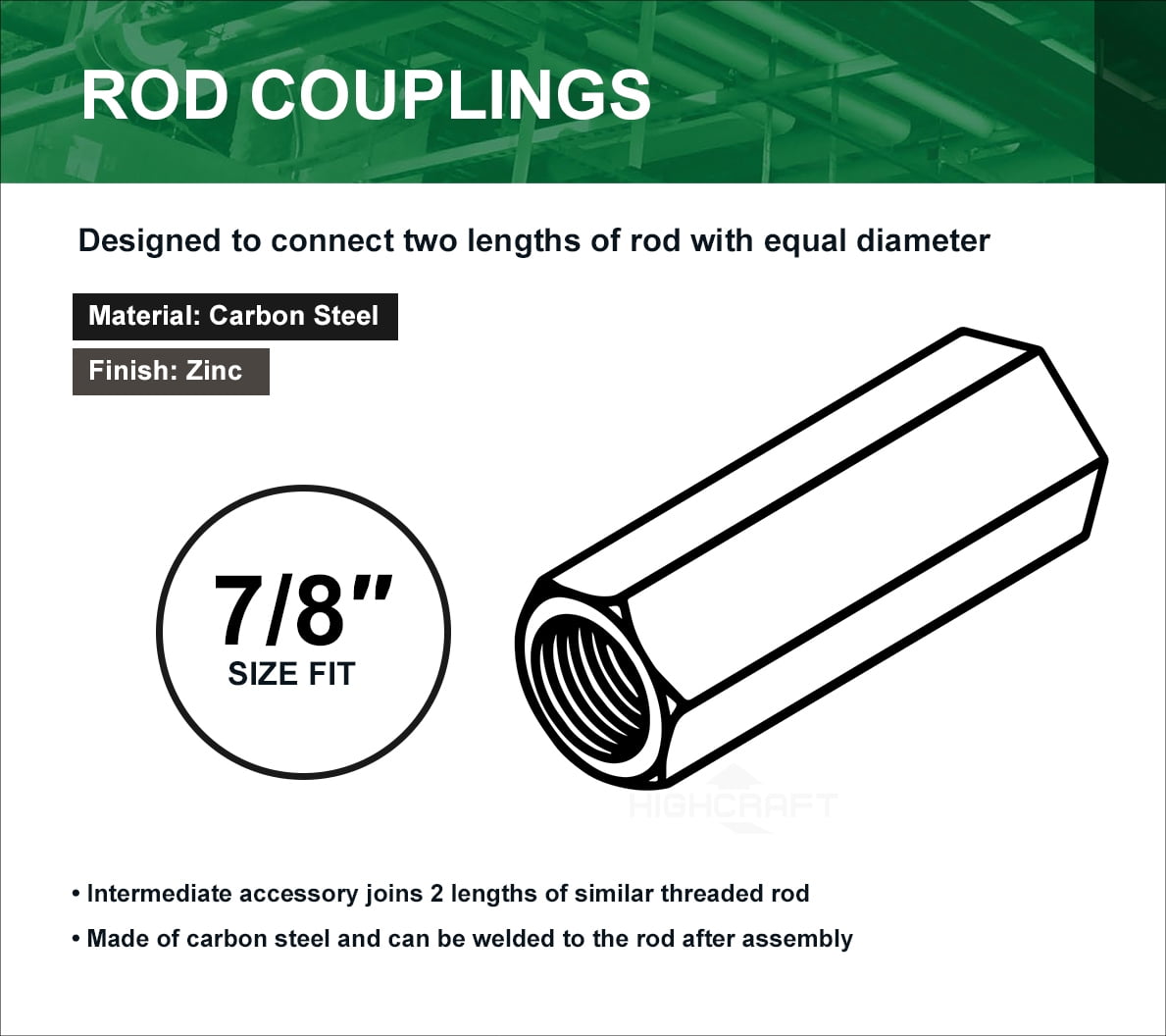 Highcraft 7/8" X 2-5/8" Rod Coupling Nuts, Zinc Plated, 30 Pk