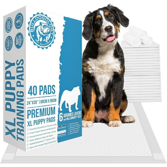 Bulldogology Puppy Pee Pads XL with Adhesive Sticky Tape - Extra Large Dog Training Wee Pads (24x35) 6 Layers with Extra Quick Dry Bullsorbent Polymer Tech Pee Pads for Dogs (40-Count)