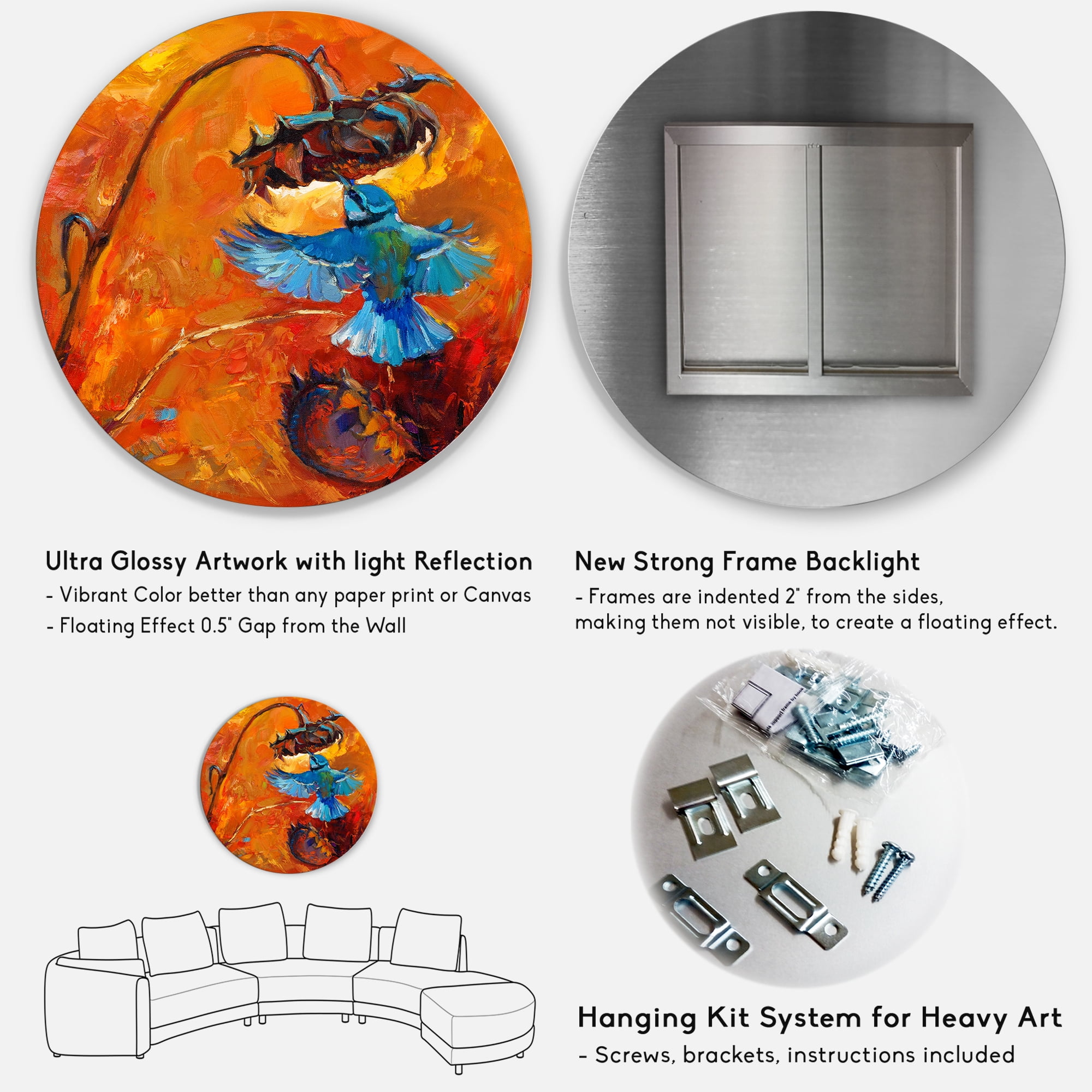 Designart 'Blue Hummingbird On Orange Sunflower' Traditional Circle Metal Wall Art 36x36 - Disc of 36