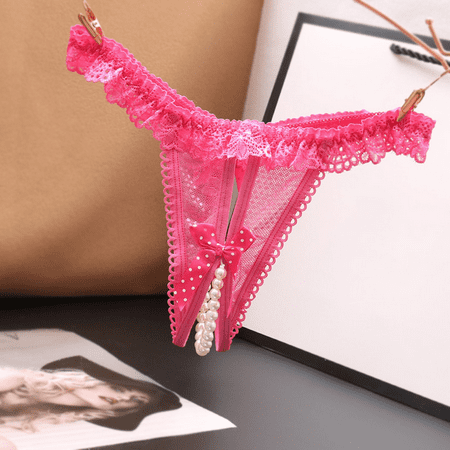 Fulorrnie Women s Lace Sheer Panties Low Rise Underwear Pearl Chain Decorative Bow Sexy Delicate Intimate Apparel  Hot Pink  One Size