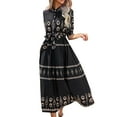 thumbnail image 2 of Usmixi Formal Dresses for Women Short Sleeve Round Neck Western Print Summer Long Dresses Tie Waist Vintage Graphics Button Swing A Line Dress Black s Under $5, 2 of 4