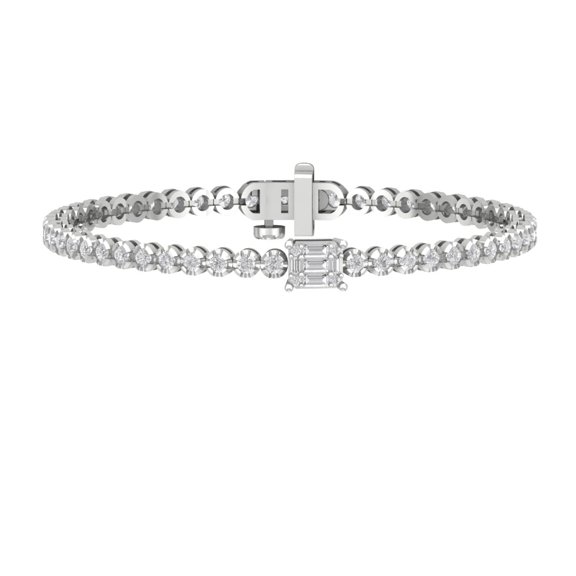 ARAIYA JEWELRY 10k White Gold Round and Baguette Diamond Bangle Bracelet (2 1/2 Cttw, I-J/ I2-I3), 7"