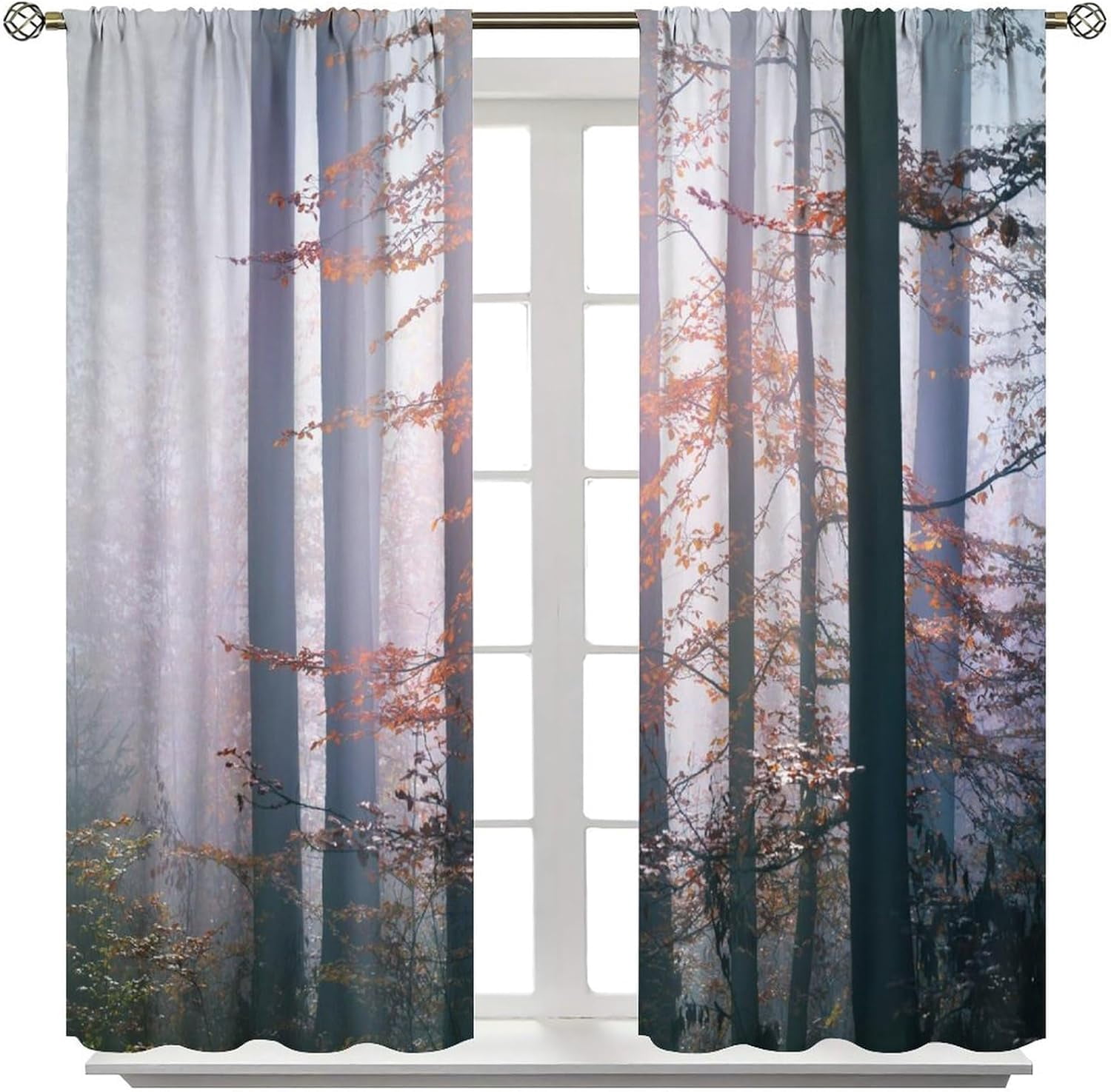 Natural Scenery Curtains, Misty Forest Red Maple Grass Jungle Pattern Print Window Decoration for Bedroom Living Room Thermal Insulation Curtains 42x54 Inches