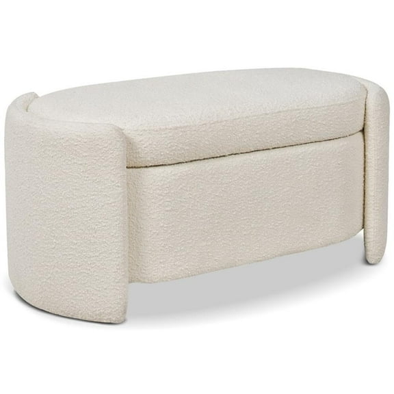 Maklaine Trandsitional 44" Upholstered Boucle Oval Storage Bench in Ivory White