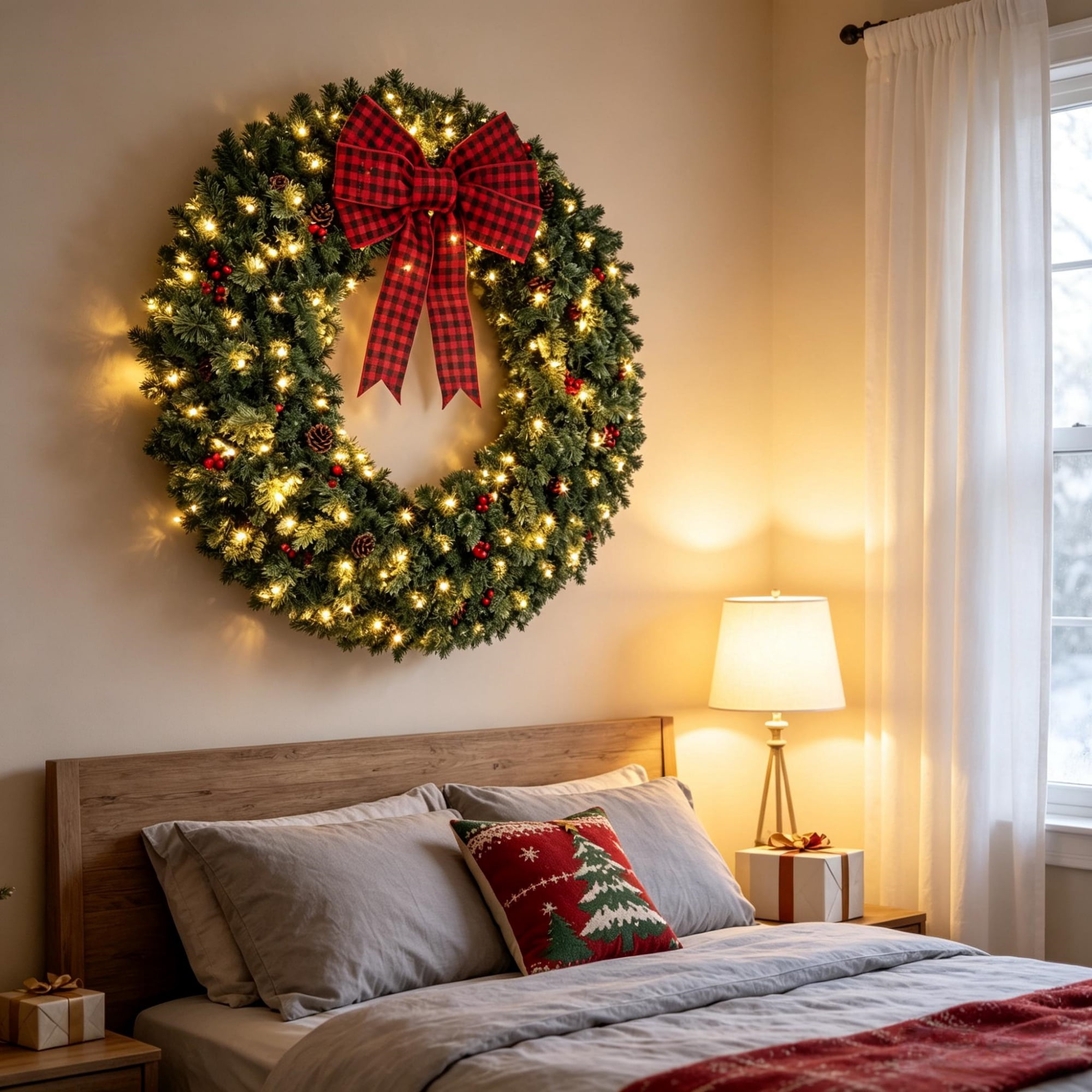Pre-Lit Holiday Wreath with 150 Warm White LED Lights, 8 Lighting Modes, 48 in Diameter, PVC Tips and Steel Frame, Red Berries, Pinecones and Buffalo Plaid Bow for Front Door and Mantel