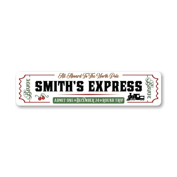 Christmas Train Express Aluminum Metal Decor Sign - 4x18 inches
