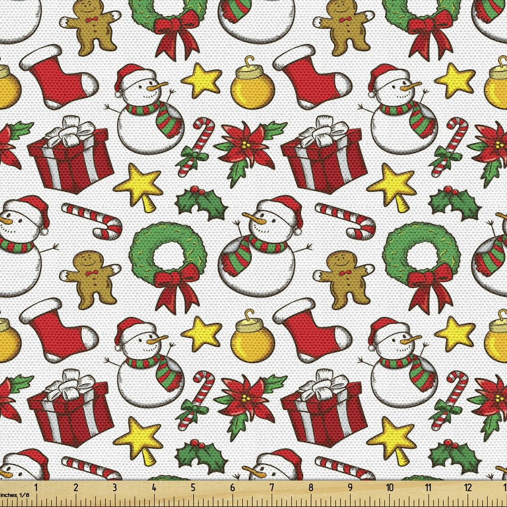 Christmas Fabric by the Yard, Celebration of Xmas Garland Candy Cane Snowman Mistletoe Tree