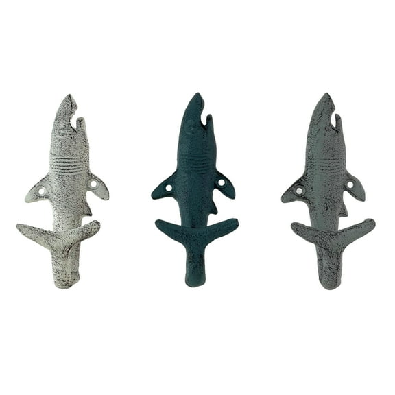 Zeckos Set of 3 Shark Wall Hooks in Blue, Gray, White – Perfect for Nautical Themes