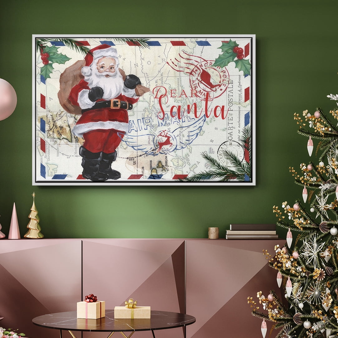 Christmas Par Avion Collection A - Framed Gallery Wrapped Holiday Canvas - 17 x 25 - White Frame