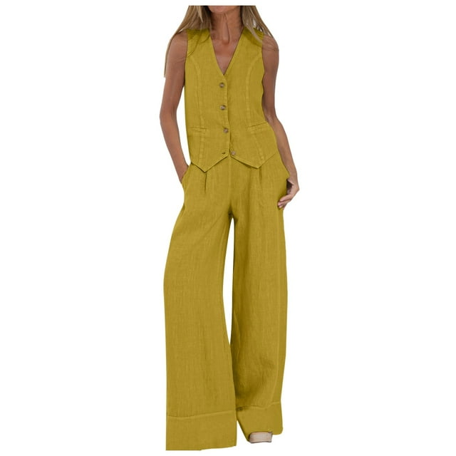 BYHONG Women's Loose Pants Womens Button Sleeveless Vest Top Straight Wide Leg With Pockets Womens Pant Suits Yellow M