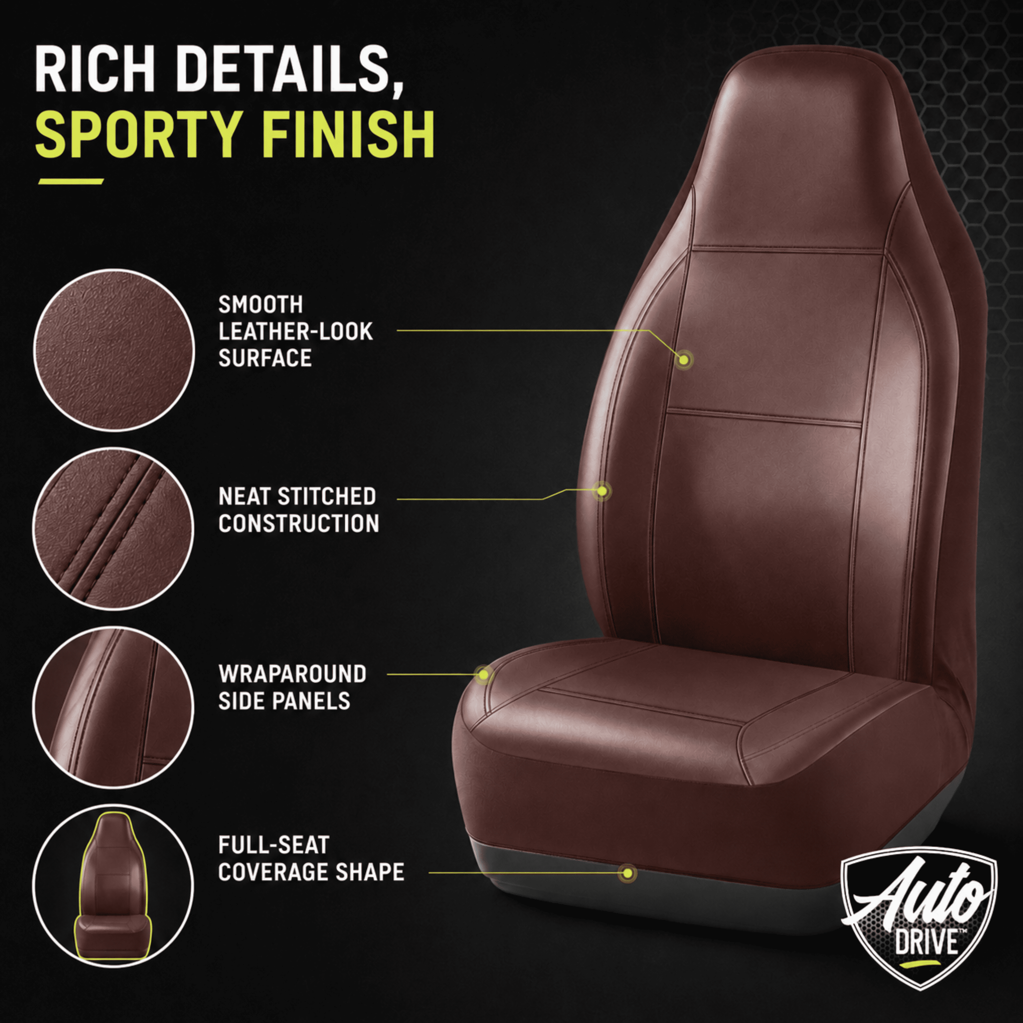 Auto Drive Car Seat Cover,High Back Full Leather Seat Protector Front Seat, Premium Comfortable Anti-Slip, Airbag Compatible Universal Fit for Cars SUVs Trucks,Brown