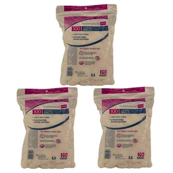 Multipurpose Jumbo Cotton Balls (3 Pack, 100 ct ea) Easy Access Zip-Locked Bag 100% Pure Cotton Absorbent for Makeup and Nail Polish Remover
