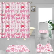 4PCS Pink Bow Shower Curtain Sets With Rugs, Preppy Shower Curtain, Waterproof Fabric White Shower Curtain Checkered Coquette Princess Cute Coquette Bowknot Aesthetic Teen Girls Bathroom Decor