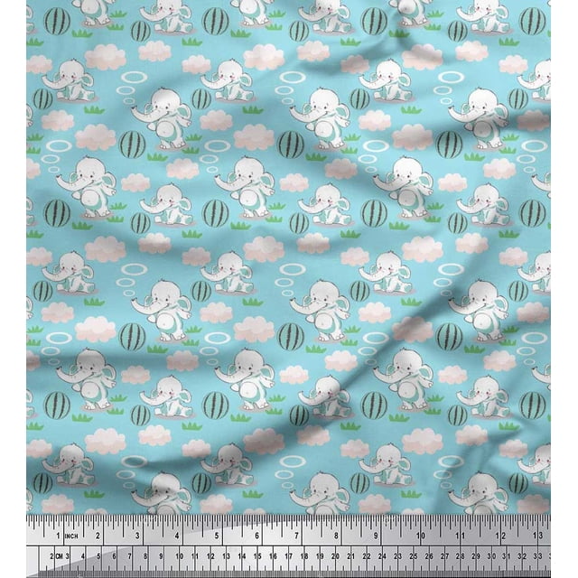Soimoi Poly Georgette Fabric Cloud,Ball & Elephant Kids Printed Craft Fabric by The Yard 52 Inch Wide