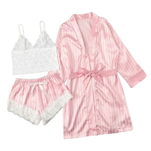 PMVFHDE Women's 3 Piece Sleepwear Set Lace Trim Chemise & Robe, Spring Summer Nightwear, Lightweight Pajama Set, Elegant Sleep Ensemble Pink,M