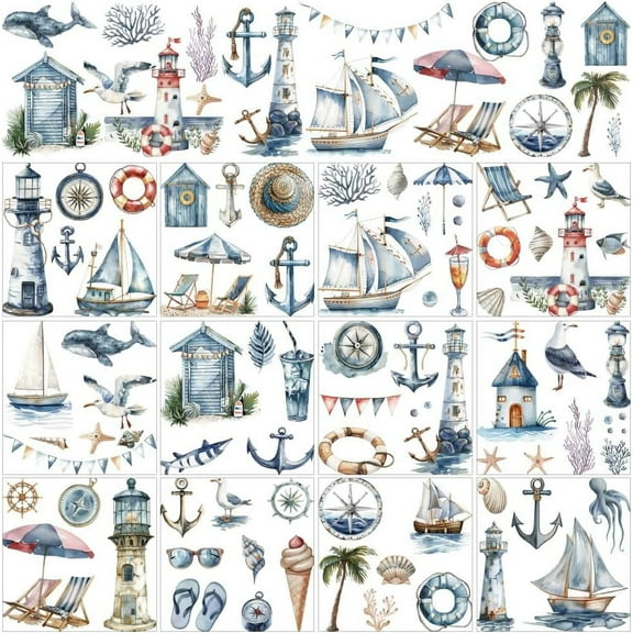 12 Sheets Nautical Rub On Transfer Stickers Ocean Themed Window Decoration Featuring Lighthouses Ships and Marine Life
