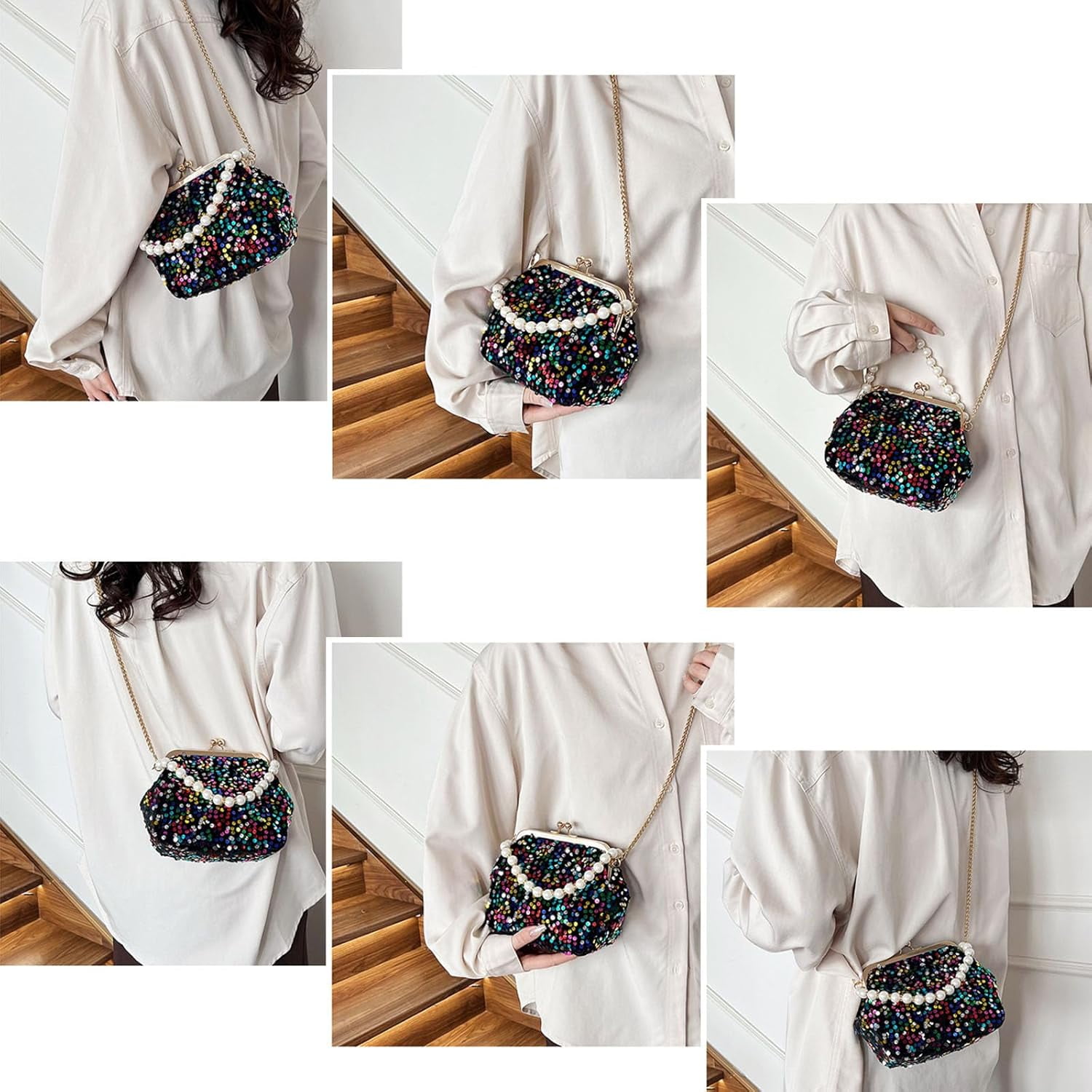 Evening Clutch Purses for Women, Glitter Sequin Crossbody Bag, Elegant Evening Handbag with Pearl for Wedding, Prom