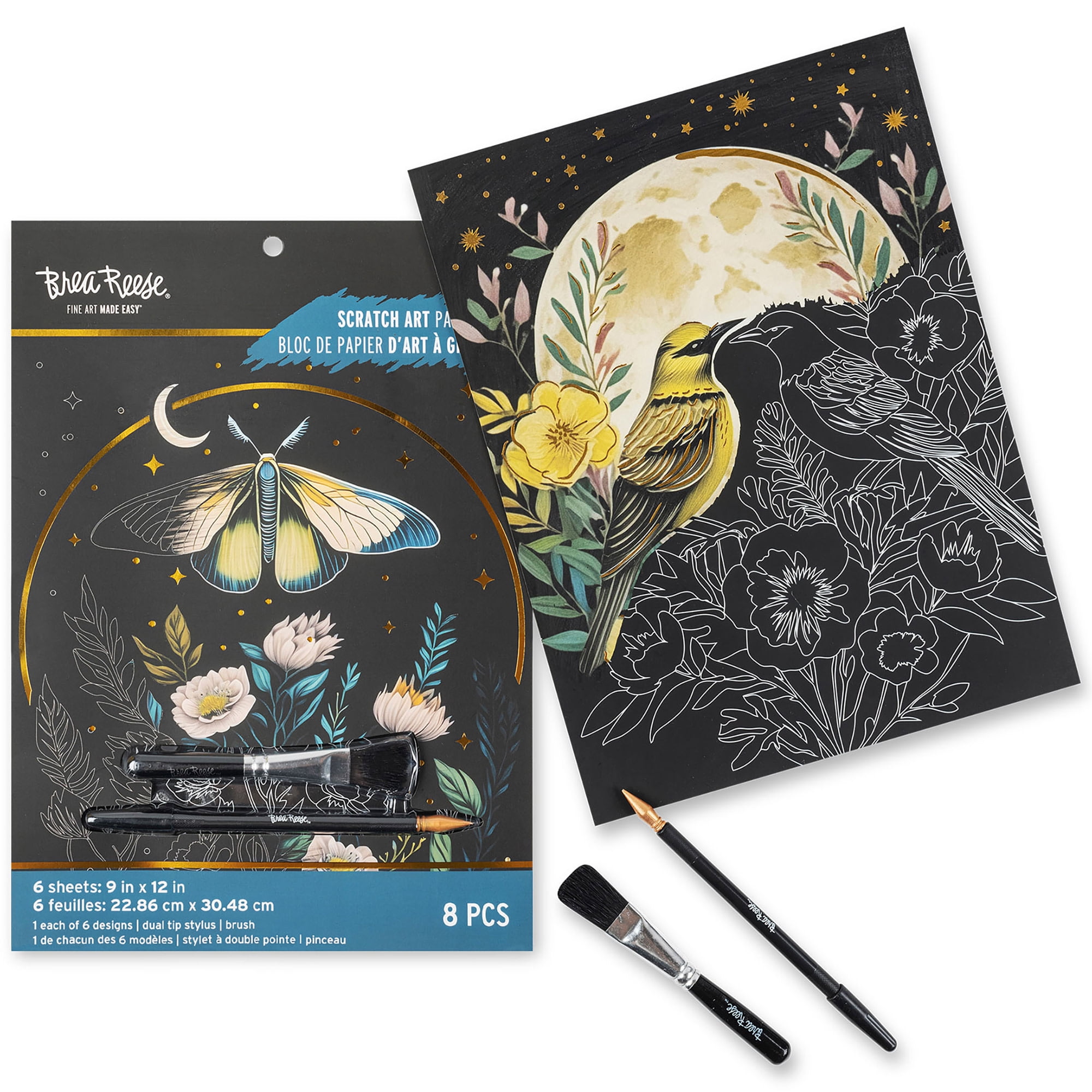 Brea Reese: Scratch Art Paper Pad - Midnight Botanicals - 6 Designs, Guided Art, Metallic Accents, Dual-Tip Stylus & Brush, 9x12" Pages, Adult Craft