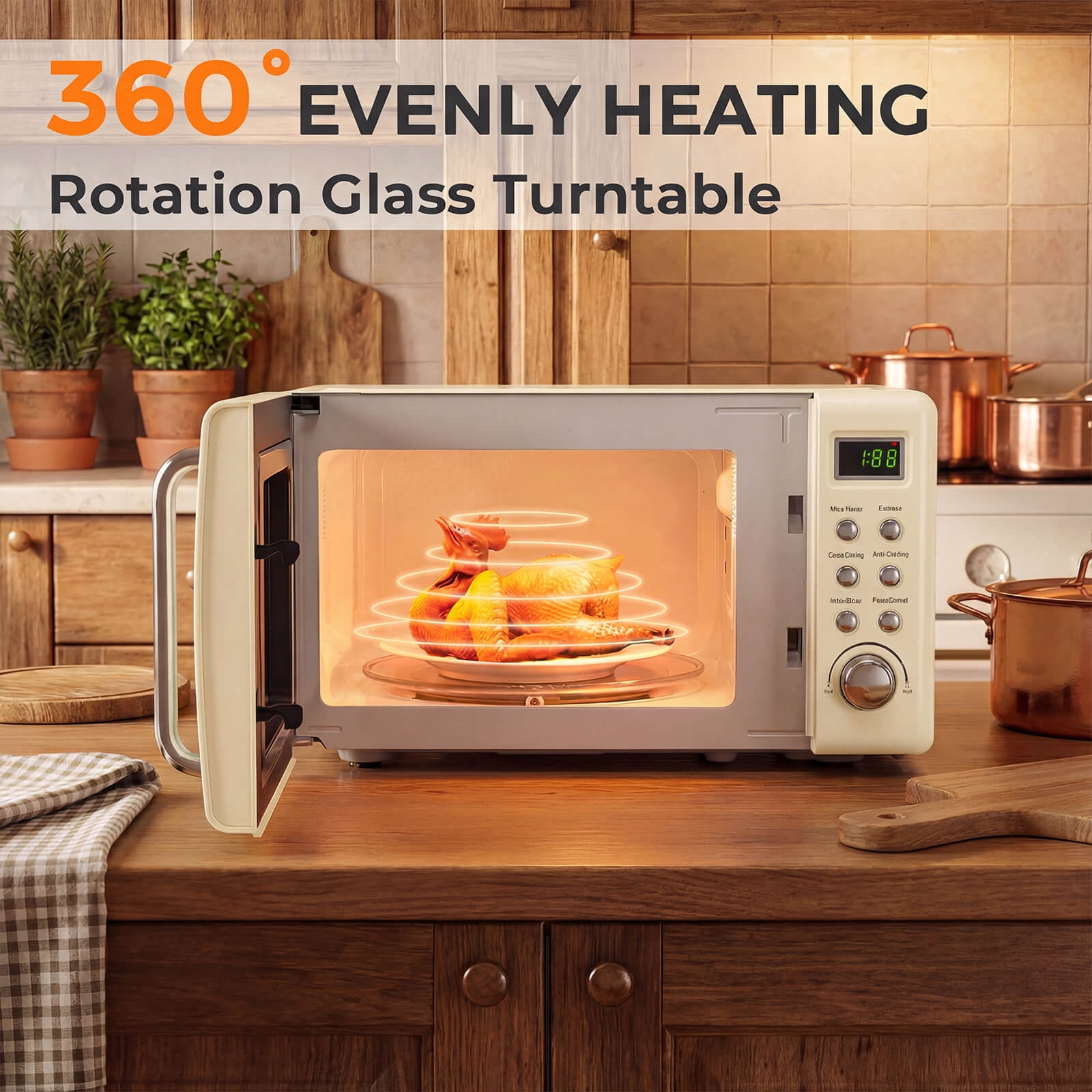 Costway 0.7 Cu.ft Retro Countertop Microwave Oven 700W LED Display Glass Turntable Off-White