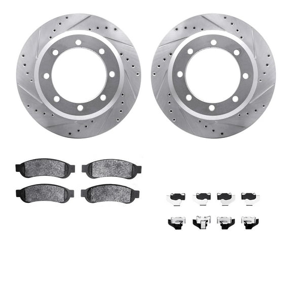 Dynamic Friction Company Rear Brake Rotors-Drilled and Slotted-Silver with Heavy Duty Brake Pads includes Hardware 7212-99206
