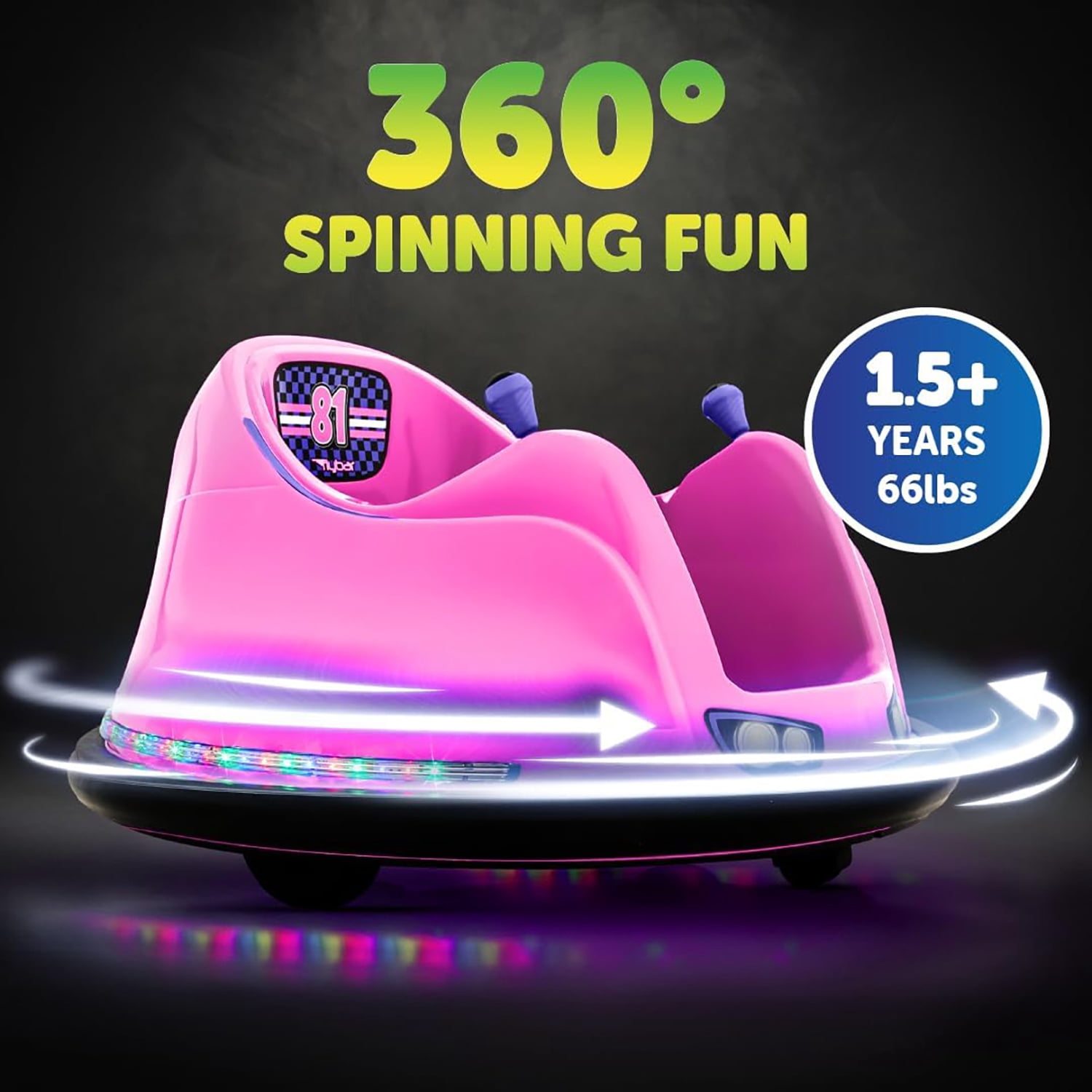 Flybar 6V Bumper Car for Toddlers Pink, Electric Ride on Toy for Kids Ages 1.5-4 with LED Lights & Safety Belt, 360 Degree Spin, Max Weight of 66 lbs