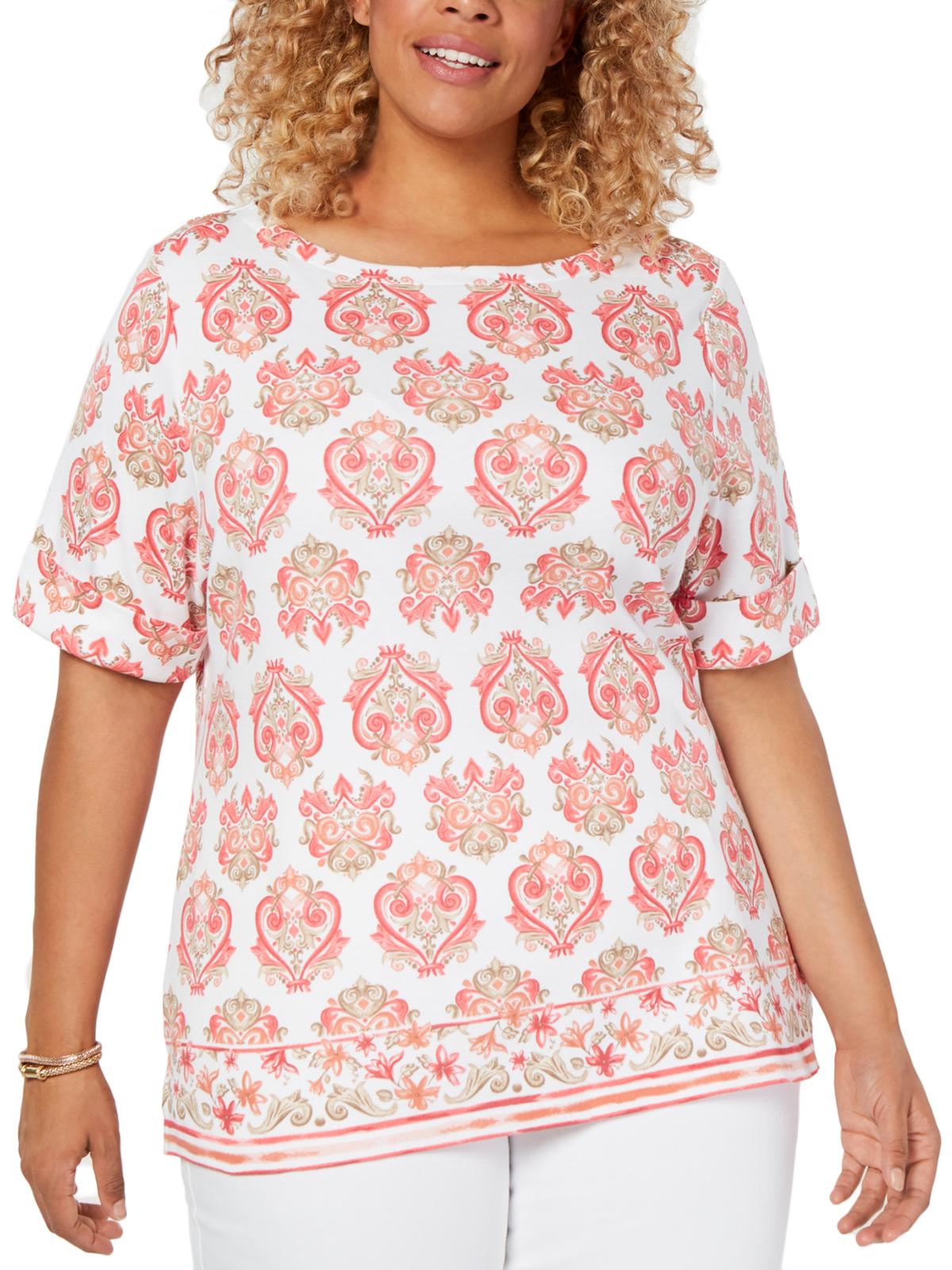 Karen Scott Womens Plus Printed Elbow Sleeves Pullover Top