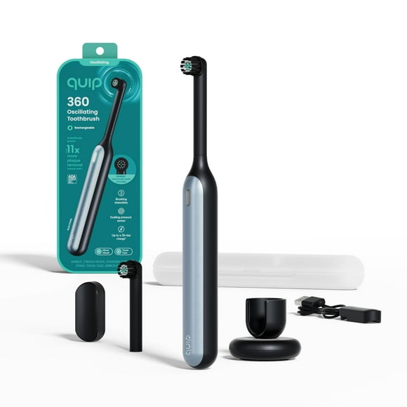 Quip 360 Cepillo de dientes eléctrico recargable oscilante con cabezal de cepillo adicional - Cerdas suaves, sensor de presión, 3 intensidades, duración de la batería de 30 días, temporizador de 2 min