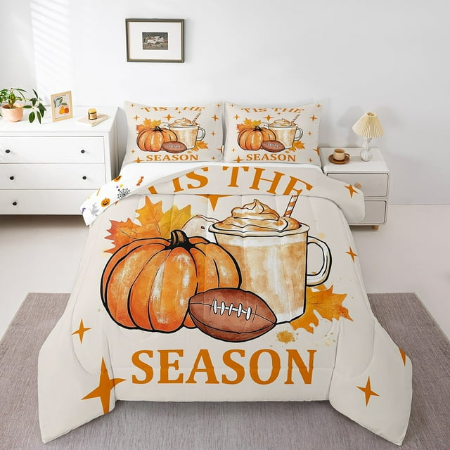 YST Ensemble de Douillette Citrouille pour Enfants Garçons Filles, Ensemble de Literie de l'Action de Grâce Simple, Couette Réversible à Motif d'Érable Vintage, Courtepointe Dessert d'Automne avec 1 Taie d'Oreiller Légère