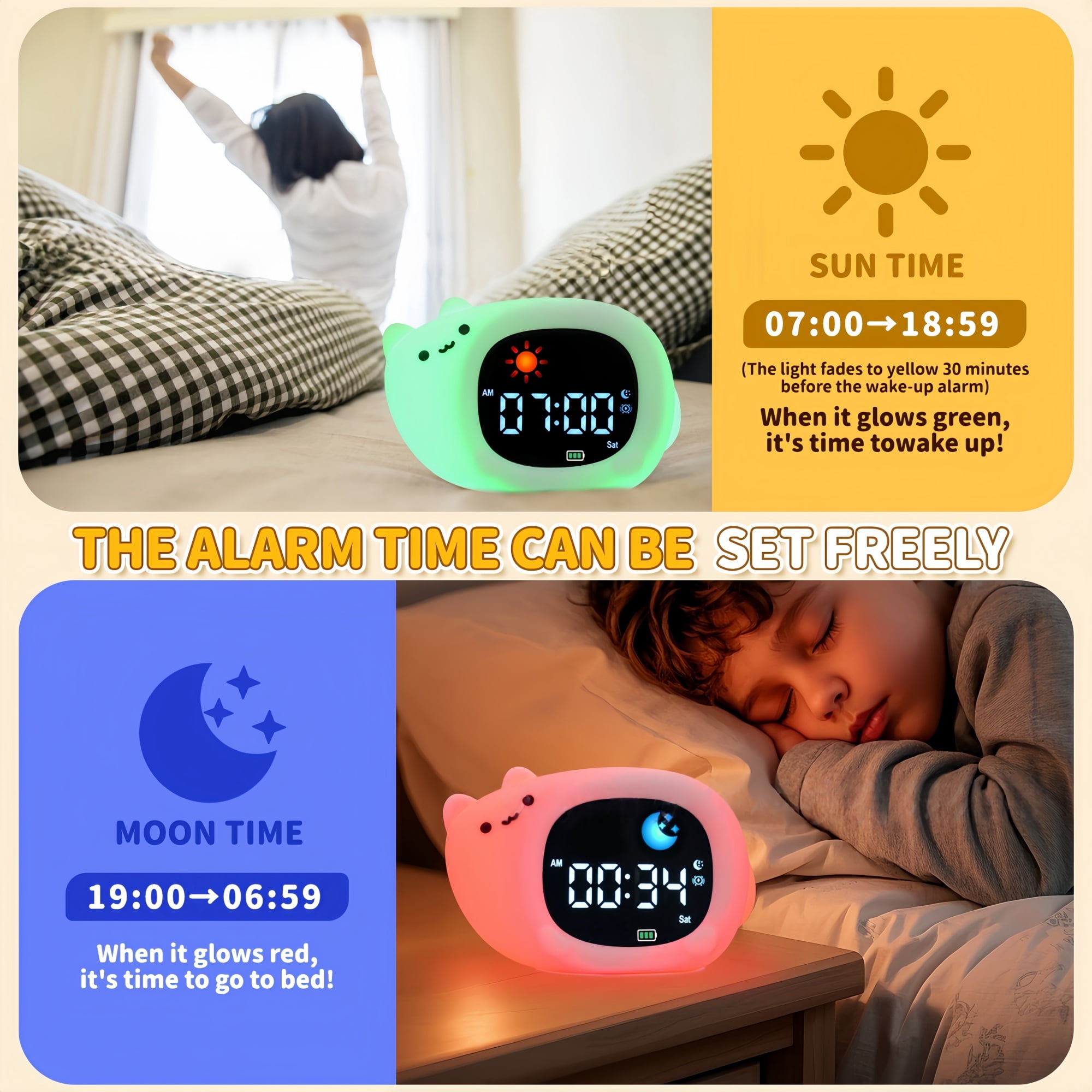 Children's Alarm Clock - Toddler Sleep Training Alarm Clock, Rechargeable Sleep Aid with Soft Night Light and Touch-Activated Function, Sleep Companion for Boys and Girls