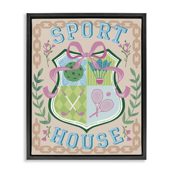 Stupell Industries Preppy Coast Emblem Sports Painting Black Floater Framed Canvas Art Print Wall Art, 17 x 21