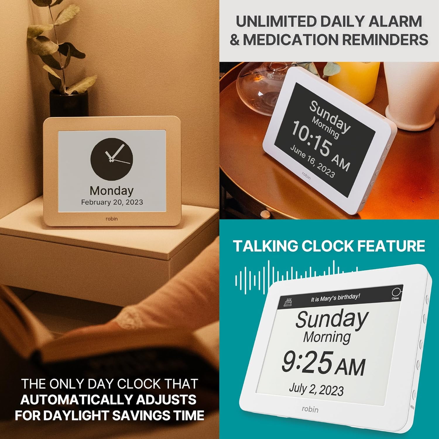 Robin Day Clock 2026 for Seniors, 8" Large Digital Calendar Dementia Clock with Talking Function, Alarms, Easy-to-Read Display for Elderly, Day Date Time, Medication Reminder, DST, Brown Wood