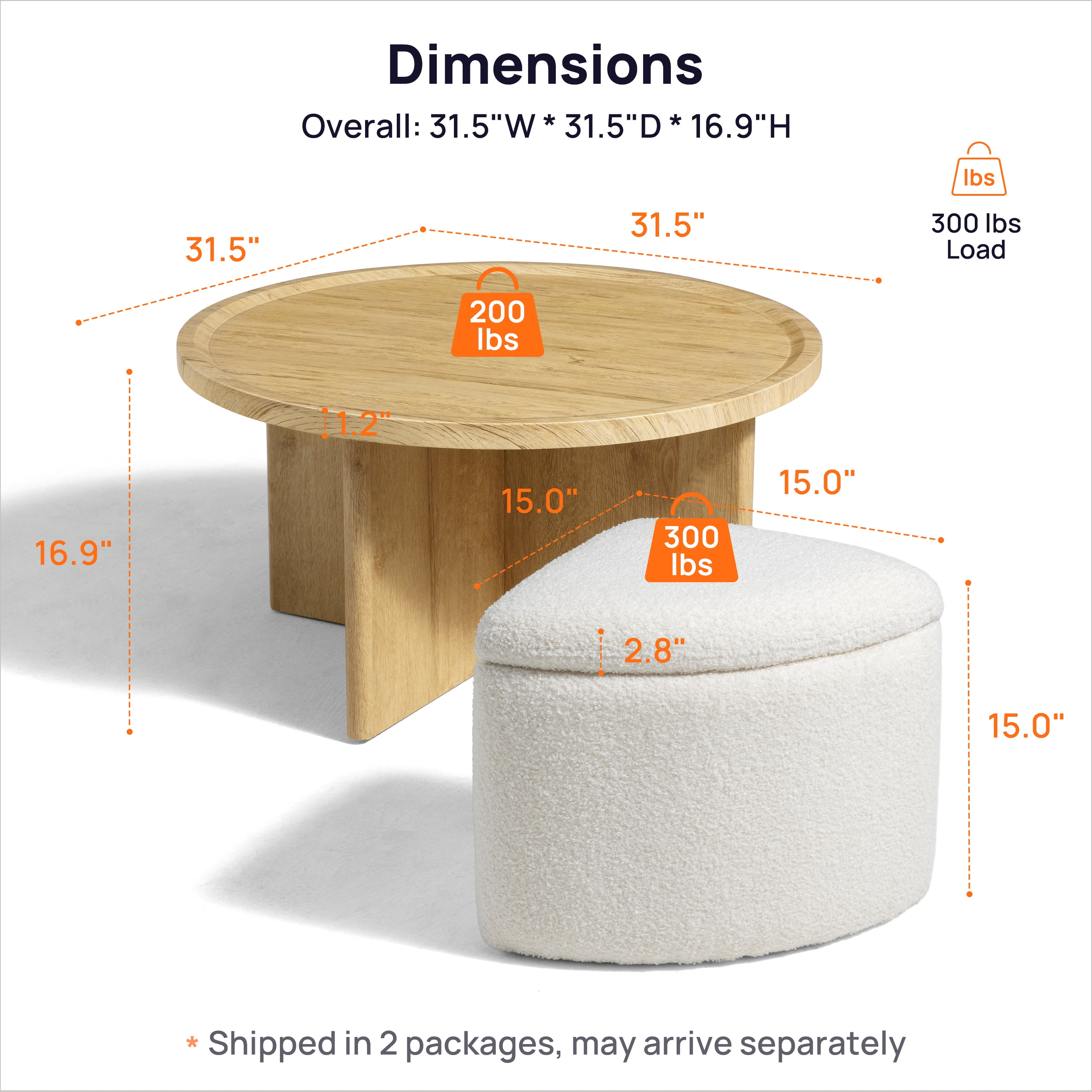 CHIC HOUSE Round Coffee Table for Living Room Table, Small Coffee Table with 4 Storage Stools Underneath, Mid-Century Wood Coffee Table Set with Teddy Velvet Storage Ottoman, Oak & White