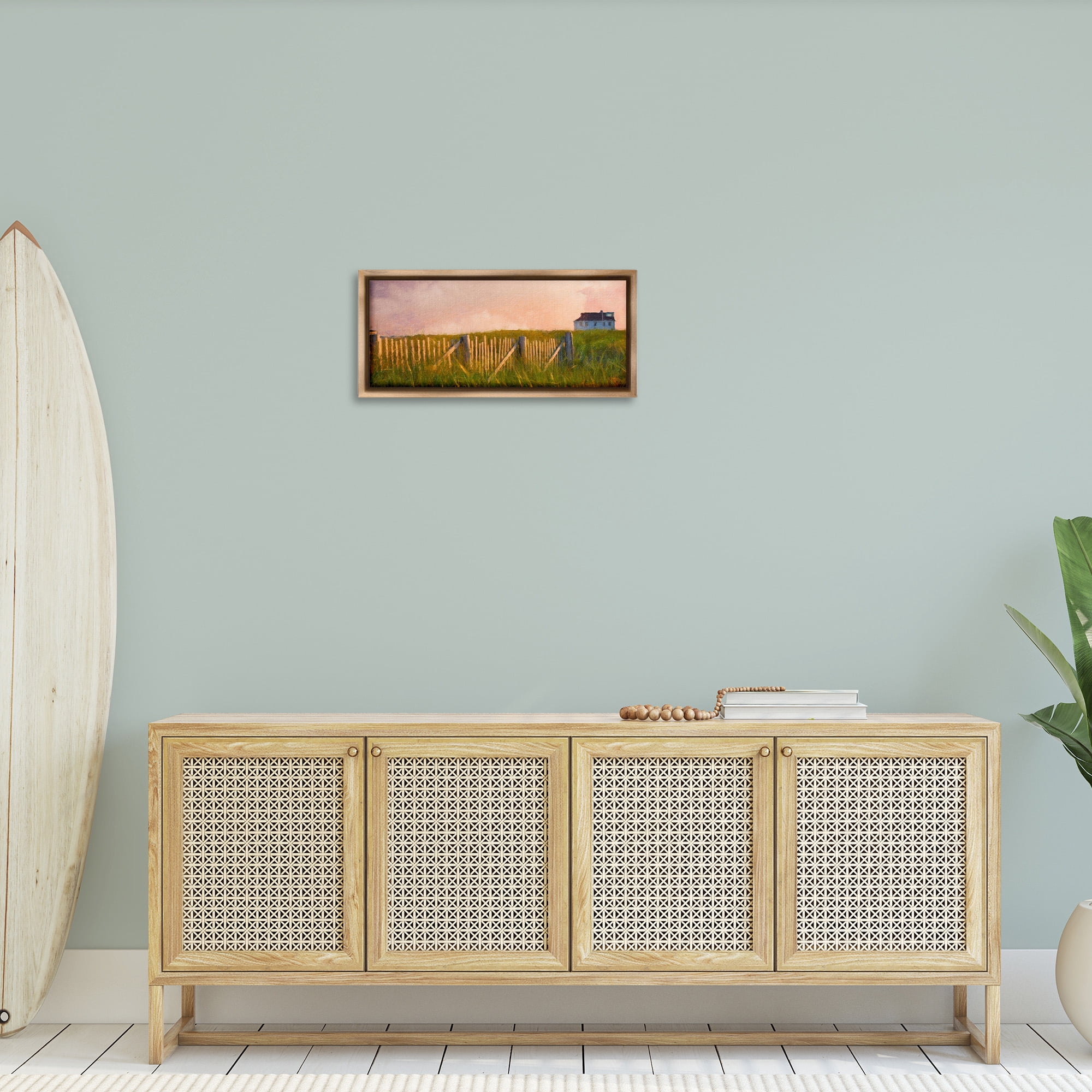 Stupell Industries Nautical Beach Cottage Landscape Painting Brown Floater Framed Canvas Art Print Wall Art, 25 x 11