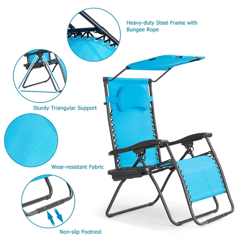 Aimee Lii Folding Recliner Lounge Chair with Shade Canopy Cup Holder, Outdoor Patio Furniture, Blue