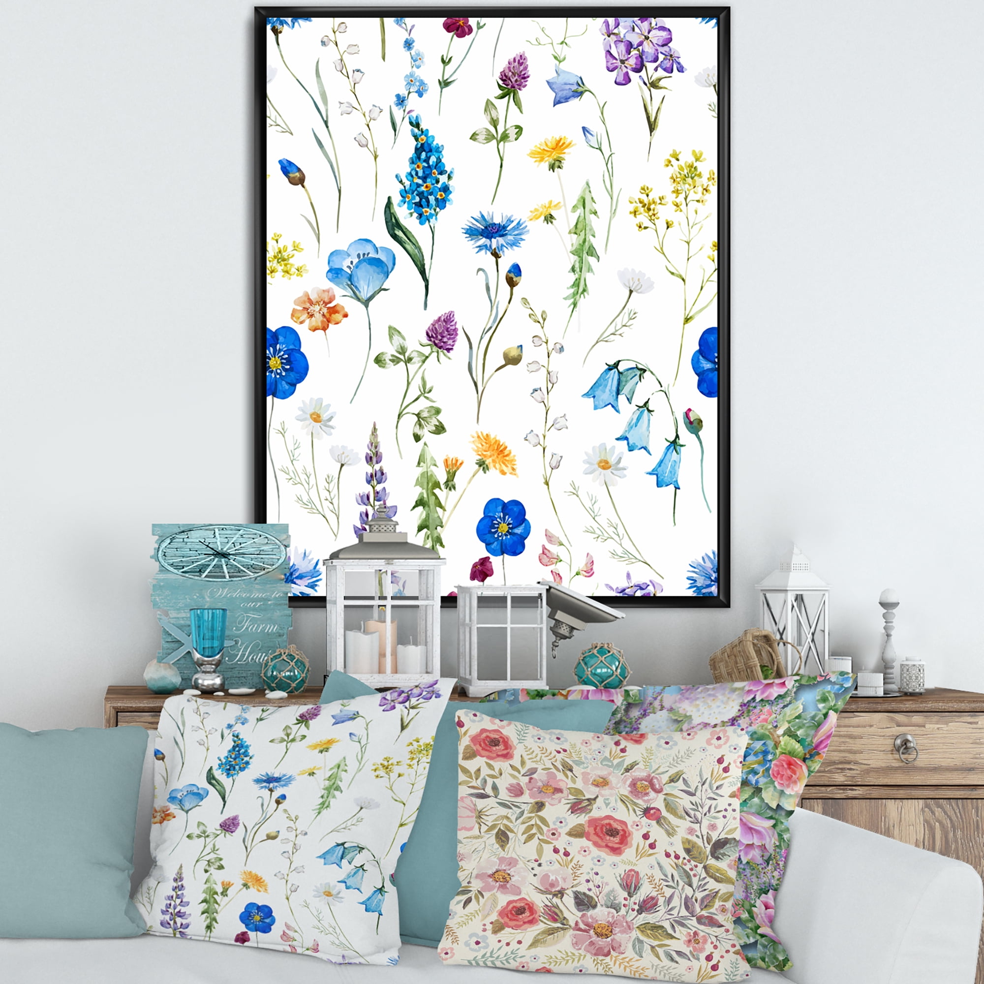 Designart 'Blue Wildflowers With Leaves I' Traditional Framed Canvas Wall Art Print
