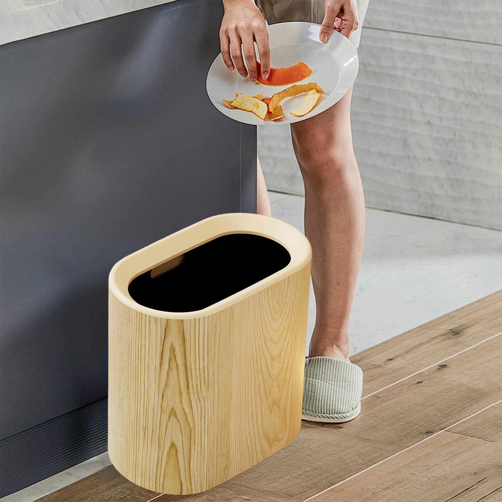 Plastic Wood Pattern Trash Can Small Garbage Bin without Lid for Bathroom Narrow Wastebasket Modern Wastebasket for Home Indoor Hotel, 6x11x11in