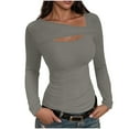 thumbnail image 2 of EchfiProm Notch Neck Tops for Women Slim T-Shirts Ribbed Fall Gray Pullover Long Sleeve Ladies, 2 of 8