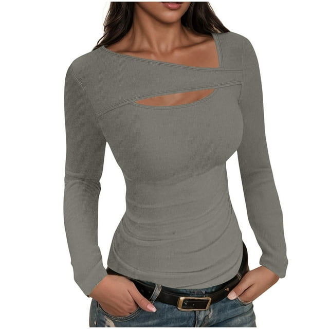 Lenpel T-Shirts pour Femmes à Manches Longues, Encolure Asymétrique, Ajourés, Côtelés, Tunique Ajustée, T-Shirts Tendance pour Sorties (Gris, 3X-Grand)