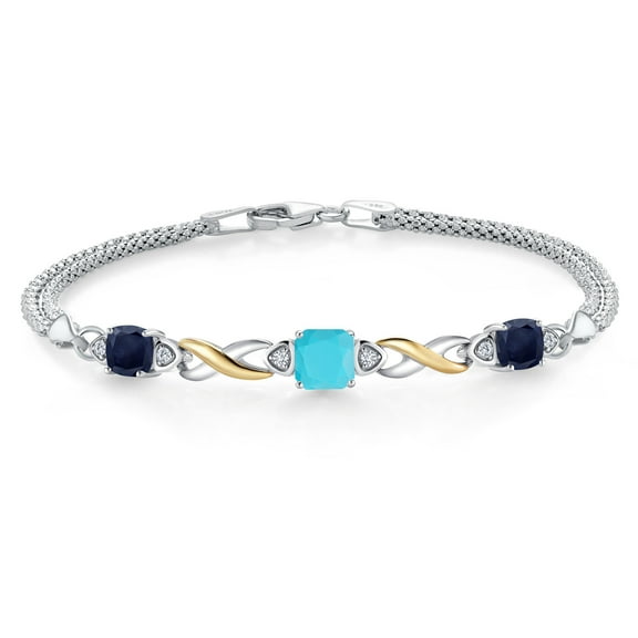 Gem Stone King 925 Silver and 10K Yellow Gold Green Turquoise and Blue Sapphire and White Lab Grown Diamond Bracelet for Women (2.39 Cttw, Gemstone, Cushion 6MM, 7.5 inches, Made in Italy)