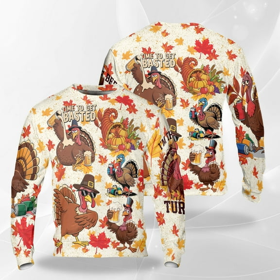 Time To Get Basted Thanksgiving Sweatshirt, Funny Drunk Turkey Beer Sweater, Autumn Party Pullover, Happy Thanksgiving Drinking Sweatshirt