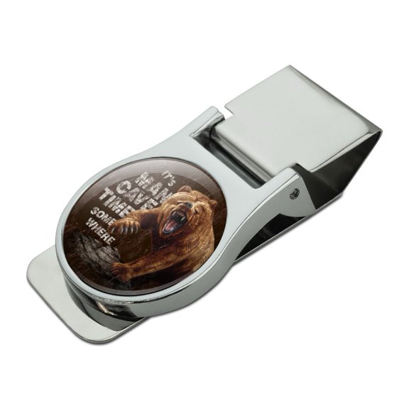 It's Man Cave Time Somewhere Bear Satin Chrome Plated Metal Money Clip
