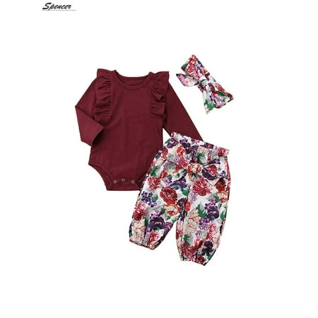 UPC: 0810002555404 | Spencer Cute Newborn Baby Girls Tops Romper Jumpsuit Floral Pants with Headband Outfits Set Clothes  12-18 months