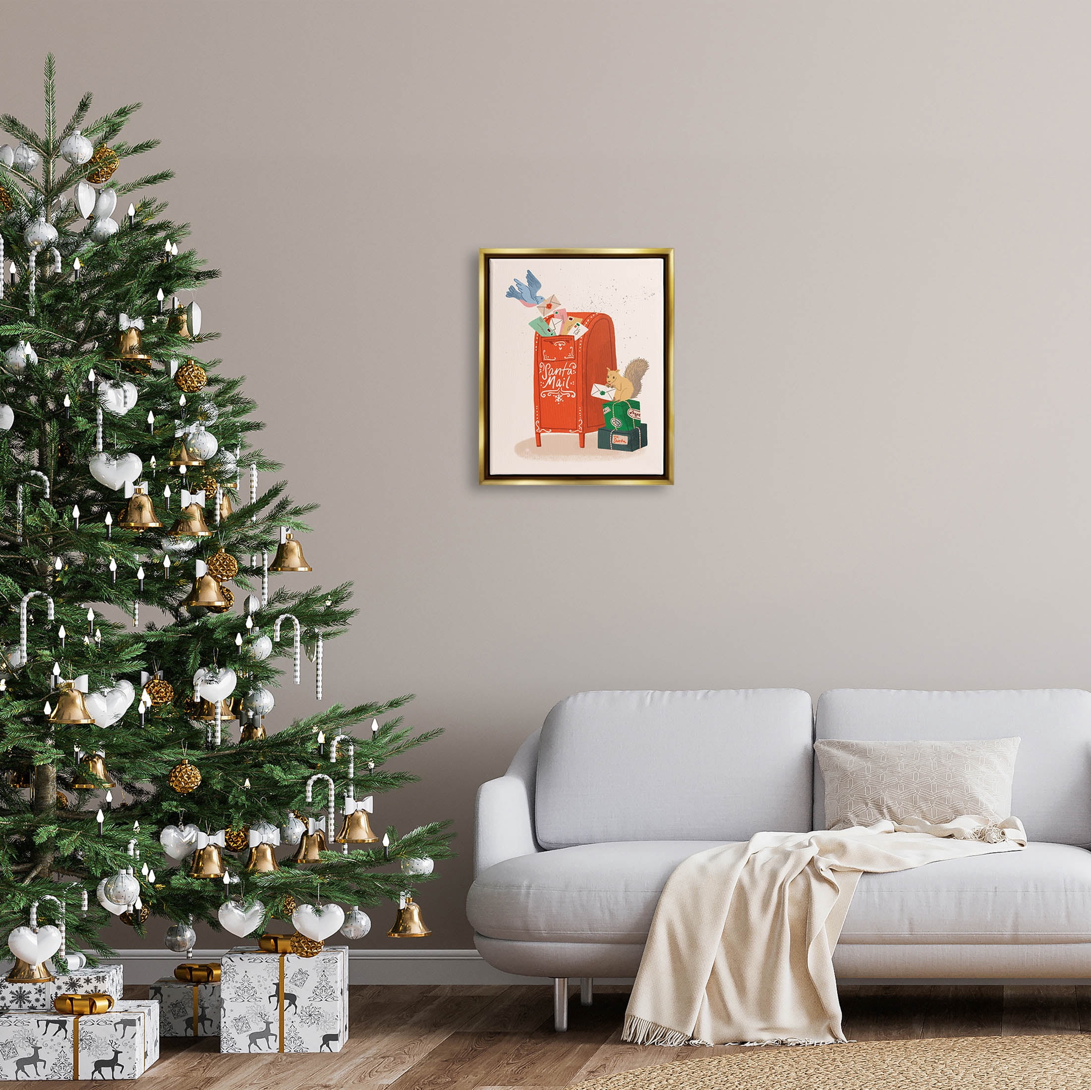 Stupell Industries Santa Mail Holiday Parcels Letters Graphic Art Metallic Gold Floating Framed Canvas Print Wall Art, Design by Kristina Hultkrantz