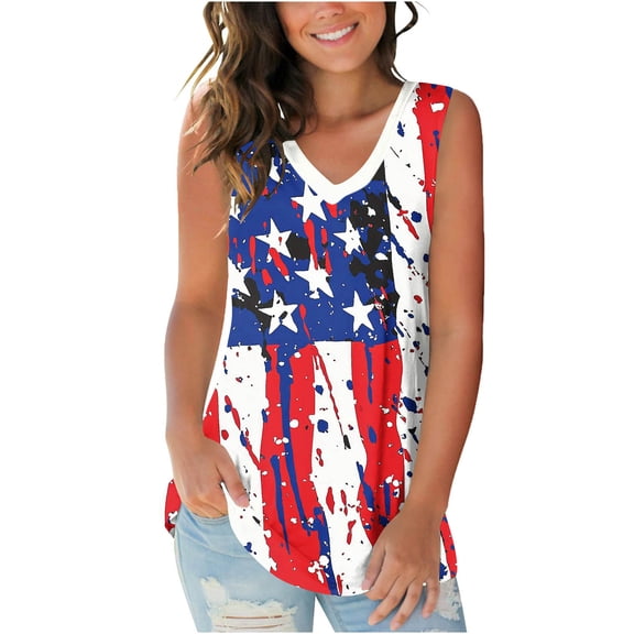 Moxiu Fourth of July Tank Tops for Women Patriotic American Flag Independence Day Sleeveless Top 4th July Curvy Tunic Blouses Red,XXL