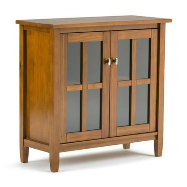 HomeStock Warm Shaker Solid Wood Wide Transitional Storage Media Cabinet, Light Golden Brown Finish, Two Tempered Glass Doors, Adjustable Shelves, Dimensions: 14"D x 32"W x 31"H