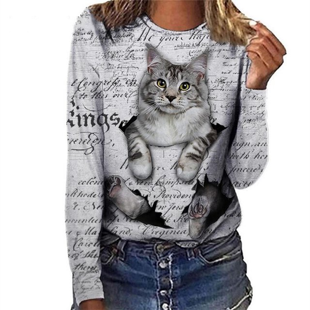 Camiseta holgada informal para mujer, en 3D Camiseta con estampado de letras de gato, camiseta informal de manga larga con cuello redondo, ropa de calle Simple, Mode Tosp para mujer 2021