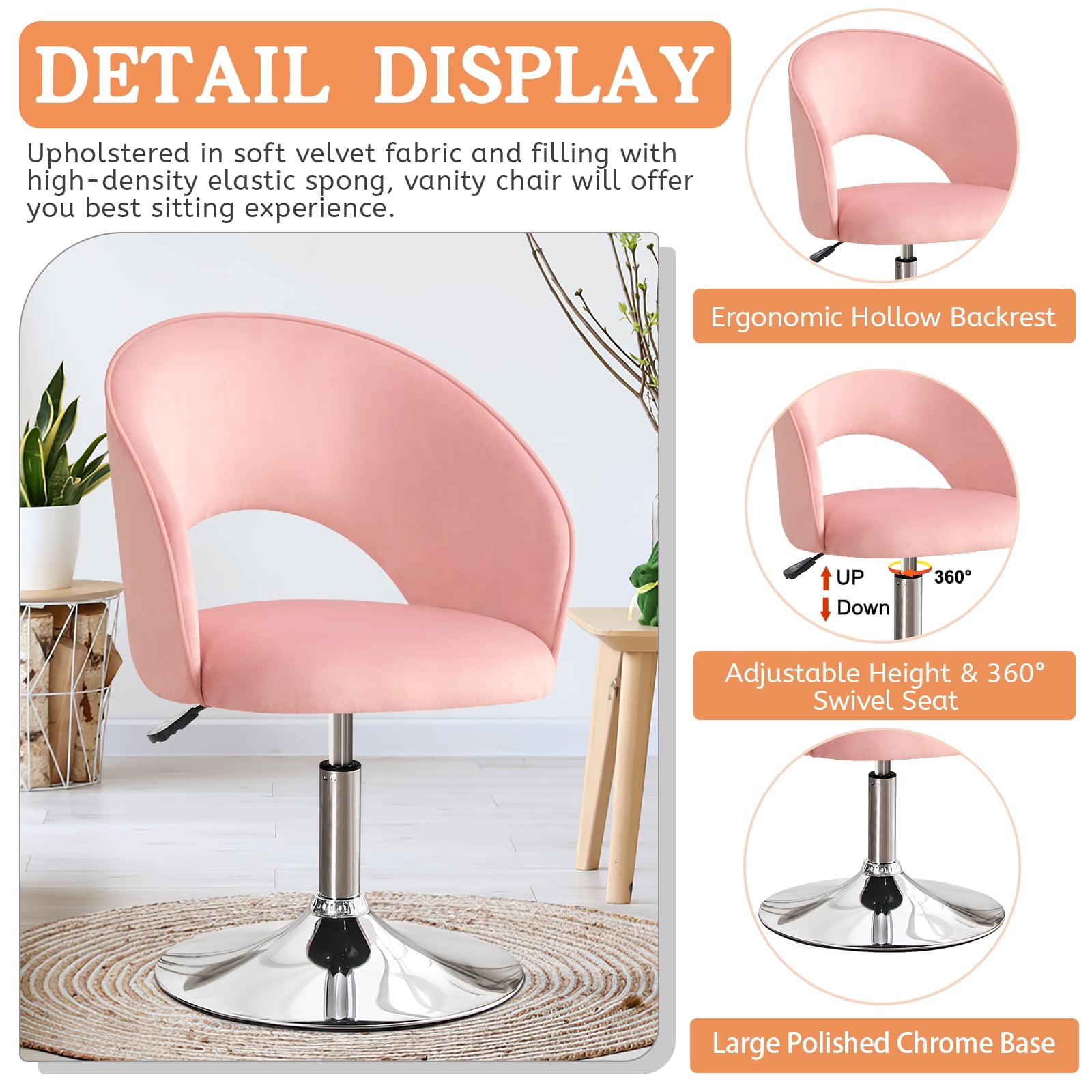 Furniliving Adjustable Height Velvet Accent Chair with Silver Tone Finished Base 360 Degree Swivel Leisure Chair for Living Room Bedroom Pink